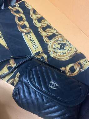 Chanel Black Chevron Calfskin Small CC Pouch Bag with Chain